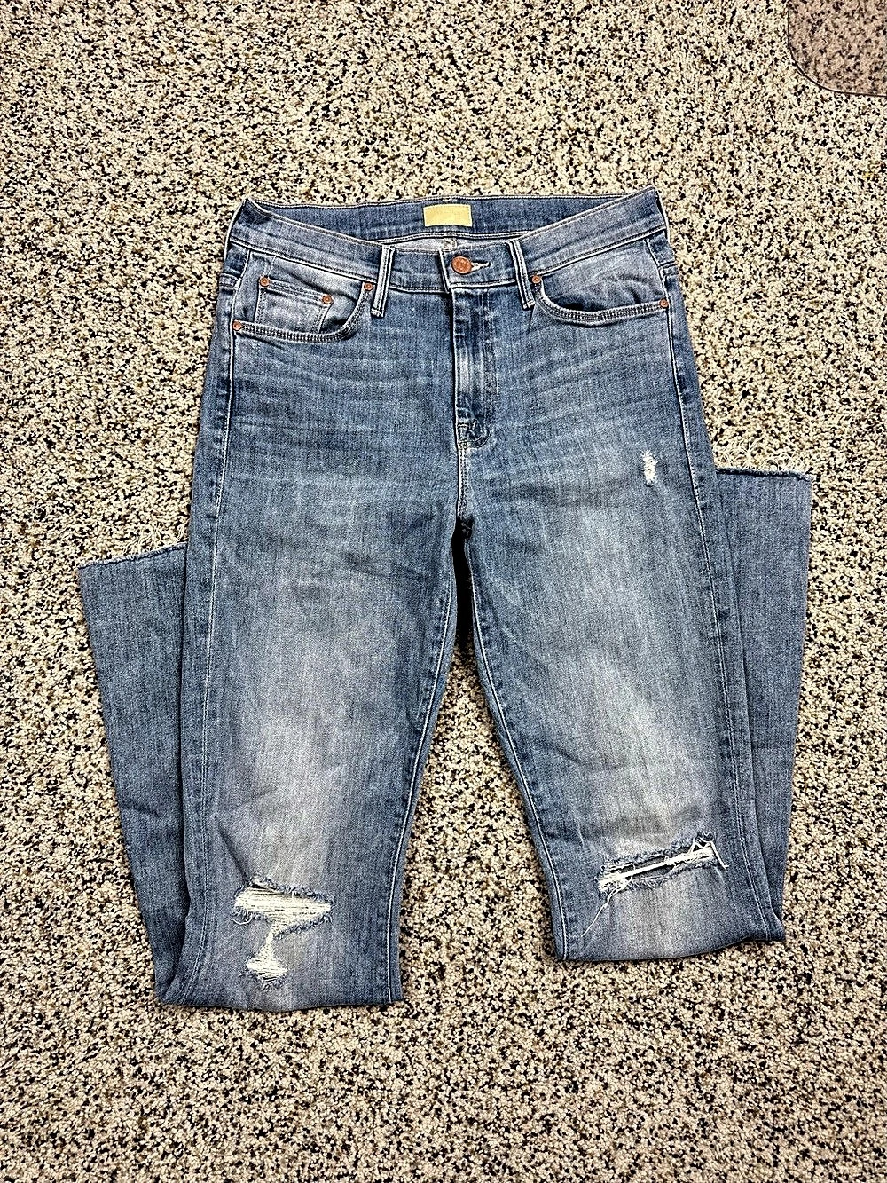 Mother The Weekender Fray Jeans 28 Distressed Denim Dreamer Wash Wide Leg Boho